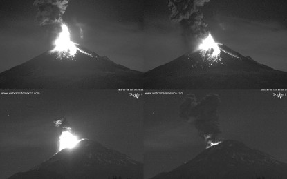 Una espectacular explosión del volcán Popocatépetl durante la noche