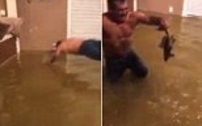 Un hombre captura un pez en su casa de Houston tras el paso del huracán Harvey
