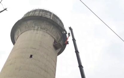 VIDEO: Rescatan con una grúa a un toro que subió a lo alto de una torre de agua de más 60 metros